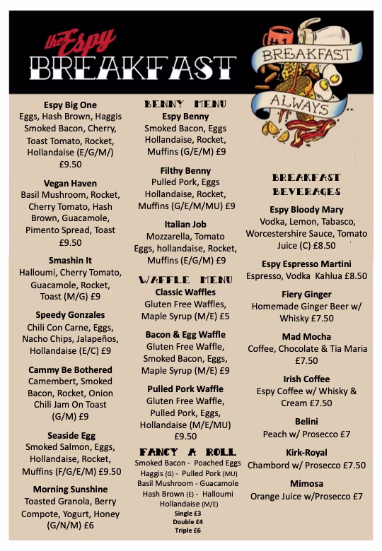 Espy Breakfast menu
